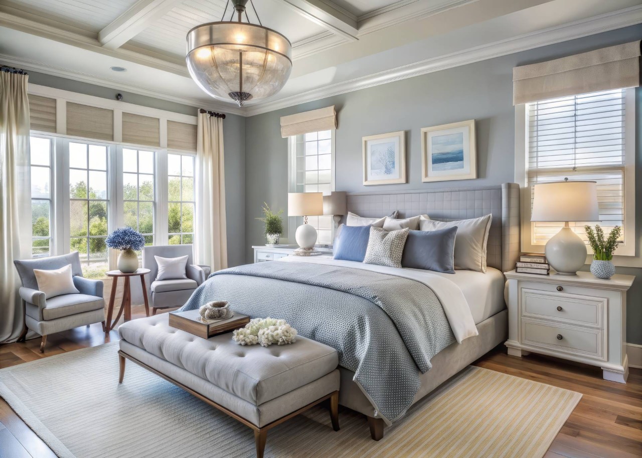 Coastal bedroom with woven shades near Beaufort, NC