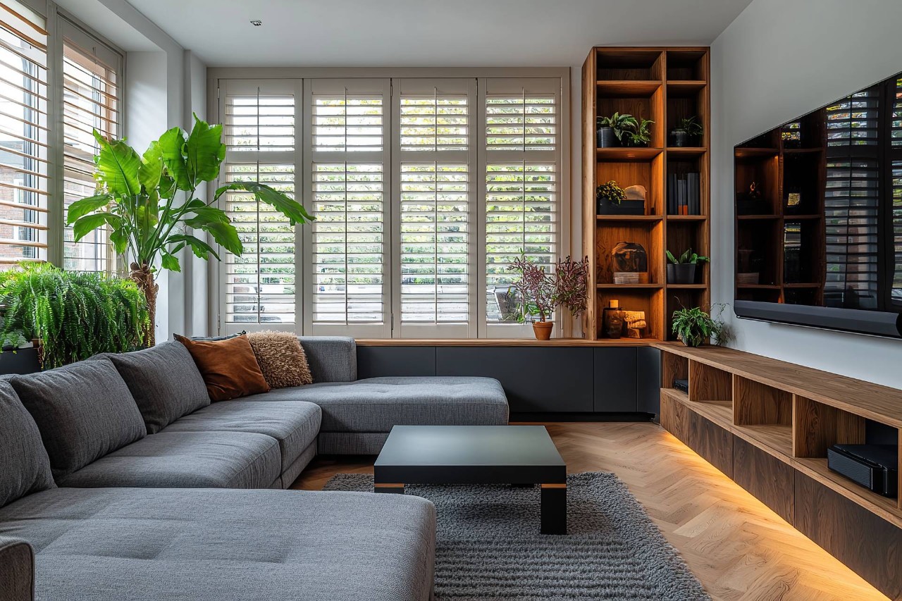 Window shutters in a living room near Beaufort, NC